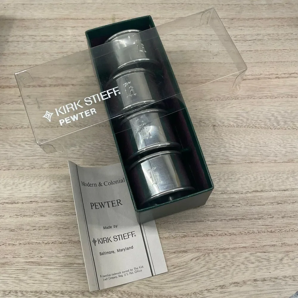 Kirk Stieff Pewter Napkin Rings Set in Box Modern & Colonial Vintage Table